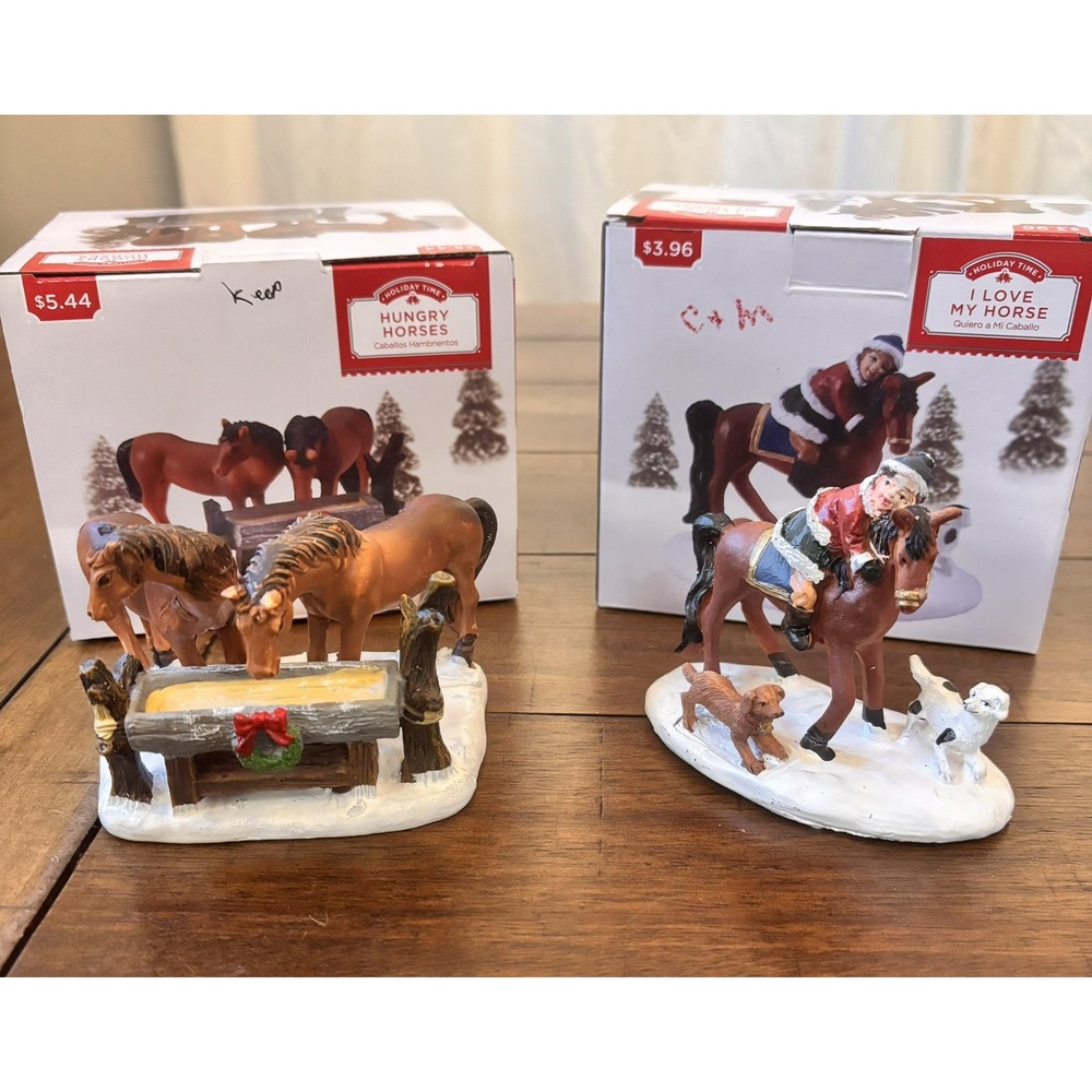 Set of 2 Holiday Time Christmas Village "Hungry Horses" & "I Love My Horse"